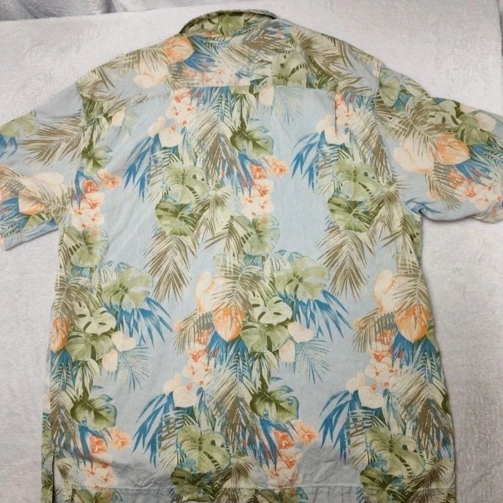 Tommy Bahama Shirt Mens XL Blue Floral Silk Button-Up Short Sleeve Tropical